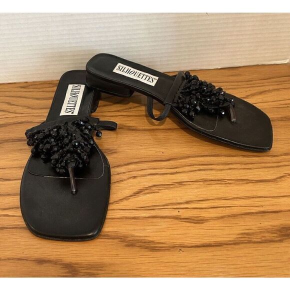 Silhouettes Woman’s 8W Black Beaded Sandals Flip Flops Size 8W 400968-BA - Picture 1 of 5